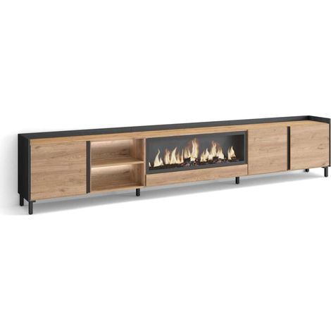 Mueble TV Bobadilla-02 de 315x61x35 cm con chimenea y luces LED, diseño industrial, color roble y negro (1/4)