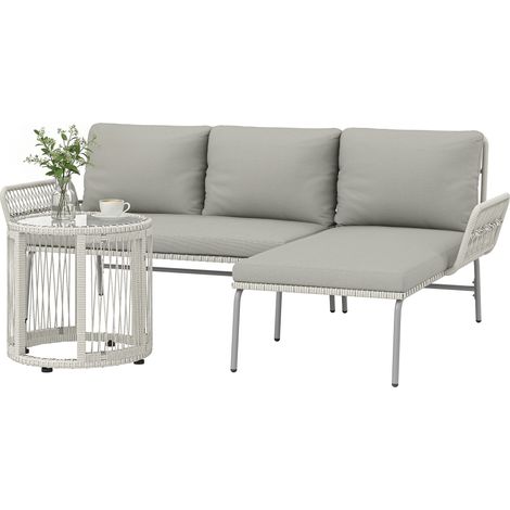 Ensemble de mobilier de jardin en polyrotin, 3 pièces, salon de jardin avec méridienne, canapé deux places, table en verre, coussins amovibles (1/5)