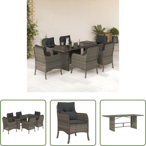vidaXL Gartenstuhl -  7-tlg. Garten-Essgruppe mit Kissen Grau Poly Rattan (1/5)
