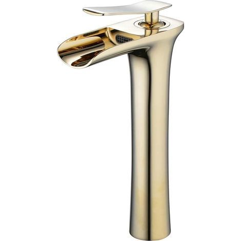 Robinet mitigeur cascade, grand corps, 1 trou, installation sur lavabo, robinetterie de salle de bain, finition chromée or, mitigeur eau chaude/eau froide (1/5)