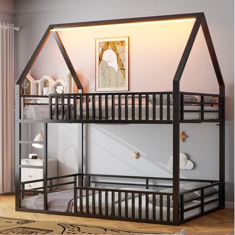 Lit mezzanine cabane en métal noir 140x200 cm avec toit, barrière style clôture, sommier à lattes et LED (1/5)