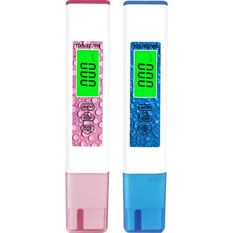 Lot de 2 testeurs numériques 4-en-1 (pH, TDS, EC, Température) avec rétroéclairage vert, poudres d'étalonnage pH et étui de rangement en plastique (1/5)