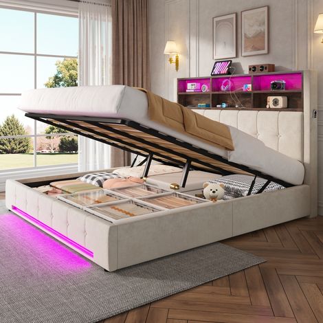Lit coffre 180x200 cm en velours avec tête de lit 6 niches, poches latérales, LED, USB-C et coffre hydraulique anti-poussière-Beige (1/5)