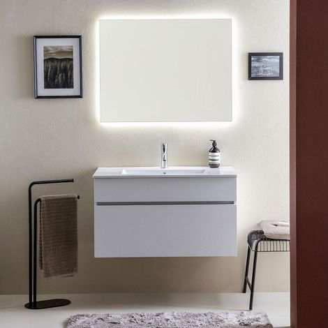 Mueble De Baño Suspendido Cm90 Blanco Efecto Madera Y Espejo Retroiluminado   Sole (1/5)