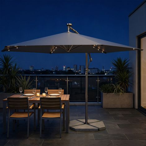 Songmics – Parasol déporté 350 cm – 32 LED – Protection UPF 50+ – Mât en métal – Inclinaison réglable – Base en croix