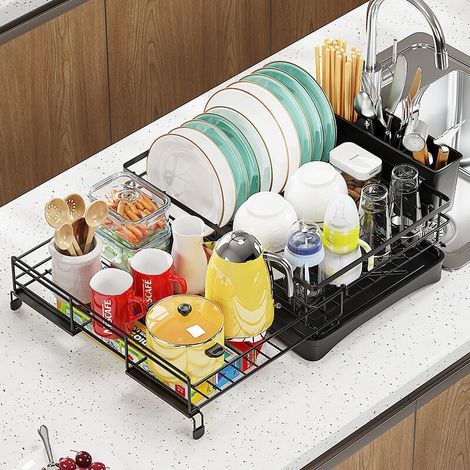 Égouttoir extensible – Égouttoir en acier inoxydable avec pieds réglables, porte-couverts et plateau amovible, 39,5-64,0 cm x 43,0 cm x 20,5 cm, noir (1/2)