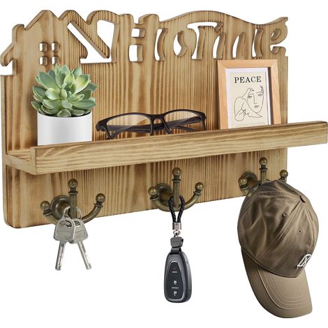 Porte-clés mural en bois avec 9 crochets à clés, étagère à clés avec étagère pour courrier, téléphone, petite décoration, idéal pour entrée, bureau et couloir (1/4)