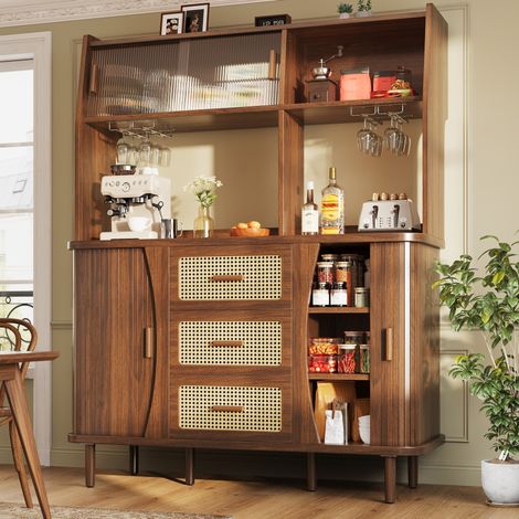 Credenza in MDF e metallo con porte scorrevoli in vetro, 140 x 40,5 x 174,5 cm, noce (1/5)