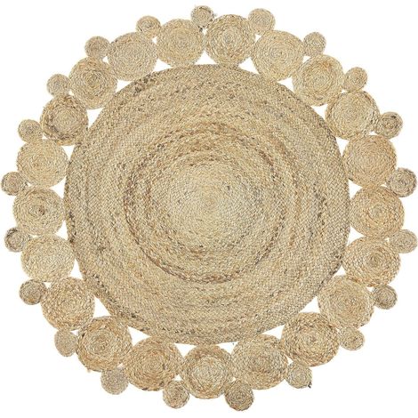 Tappeto Rotondo in Iuta Intrecciata Beige 120 cm Soggiorno Boho Rustico Golden