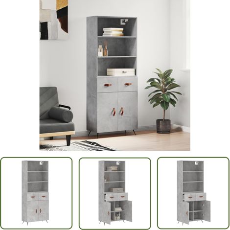 The Living Store Buffet haut Gris béton 69,5x34x180 cm Bois d'ingénierie - Buffet Design Moderne - Meuble Rangement Gris - Armoire Cuisine - Buffet Haute Capacité - Buffet Industriel (1/5)