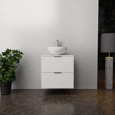 Inda - Badezimmerschrank B.60 mit Aufsatzwaschbecken / Mattweiß 2 Schubladen - Topazio