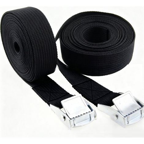 Ensemble de deux sangles d'arrimage, 25 mm x 2,5 m, avec boucles, adaptées aux camions, motos et charges similaires, noires. (1/2)