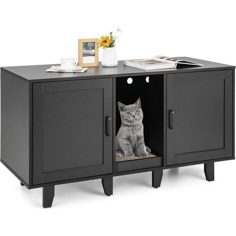 COSTWAY Mobile per Lettiera per Gatti 120 x 52 x 65 cm, Casetta per Gatti con 2 Ante, Fori, Tiragraffi e Gambe Staccabili, Mobile Versatile e Moderno per Salotto (Nero) (1/5)