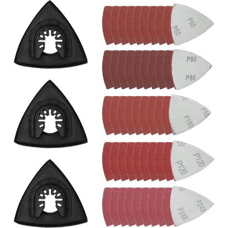 53 pièces Patin de Ponçage Multi Outil, Patin de fixation triangulaire, Patins de ponçage oscillants, plaque abrasive triangulaire de 80 mm, Contient papier abrasif delta (60/80/120/180/240) (80mm) (1/5)