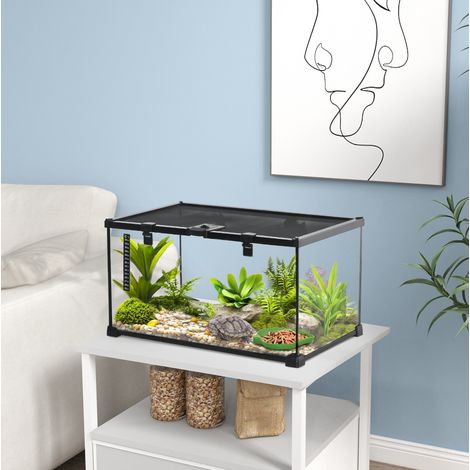 Terrario in vetro per rettili 50 x 30 x 25 cm con coperchio a rete e termometro, nero (1/5)