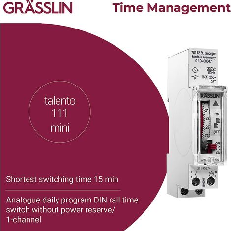 GRÄSSLIN 01.06.0004.1 talento 111 Mini - analoge Zeitschaltuhr mit Tagesprogramm I 1-Kanal I 1TE I Montage auf DIN-Schiene I ohne Gangreserve I Tagesschaltuhr I LED 300W I Glüh- und Halogen 1000W (1/4)
