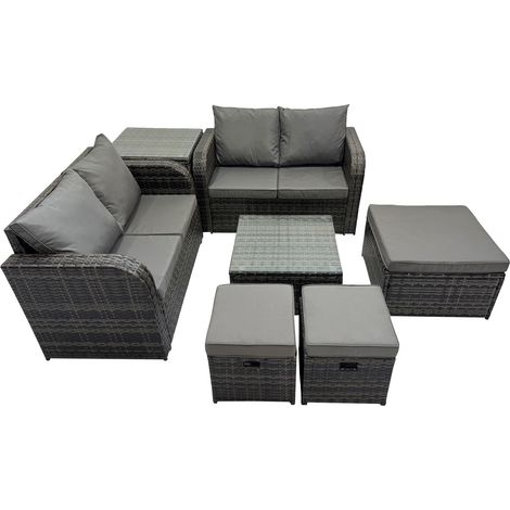 Fimous Rattan Garden Outdoor Furniture Set Love Sofa Square Coffee Table Set with Side Table 3 Stools Dark Grey Mixed (1/5)