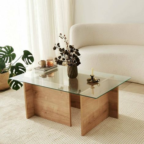 Dmora - Mesa de café Dfontola, Mesa de centro baja, Revistero para sofá, Estante de la sala de estar, 105x65h40 cm, Roble (1/5)
