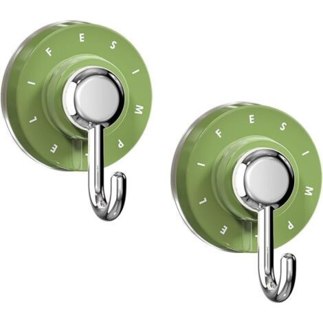 Set of 2 J-shaped suction hooks - Green hooks with strong suction cups - No drilling for smooth walls (bathroom, kitchen, balcony) - Hangs towels, utensils, clothes (1/5)