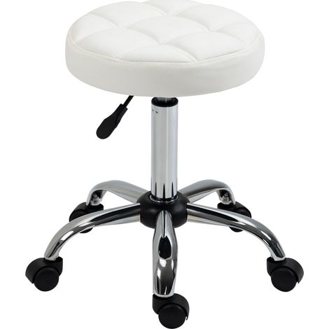 Tabouret roulant pivotant en simili cuir blanc Ø35,5 cm hauteur réglable 51-67 cm pour bureau et salon (1/5)