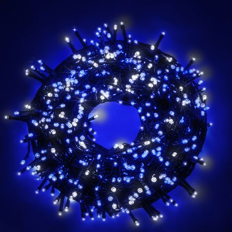 Luccika Home stringa catena 5 mt serie da 100 luci per albero di Natale a led bianco ghiaccio e blu 31V cavo verde con 8 giochi di luce e memoria IP44 per uso esterno interno Bianco ghiaccio +  blu 5 