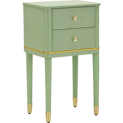 Comodino Camera da Letto 2 Cassetti in Legno Ferro Verde Oro