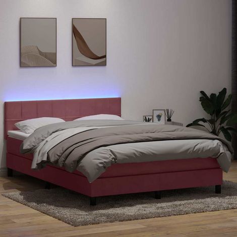 Sommier à lattes de lit avec matelas et LED rose 160x220 cm velours