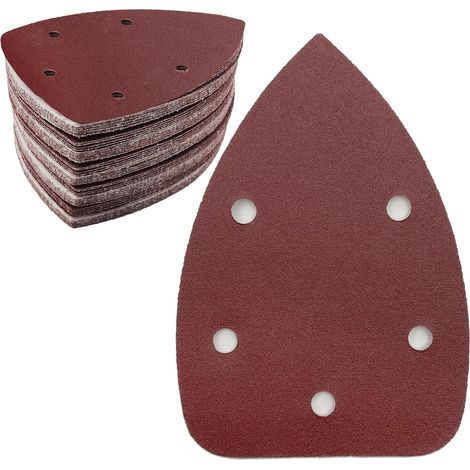 Lot de 50 feuilles de papier abrasif triangulaire, grain 180, 5 trous, papier abrasif auto-agrippant, papier abrasif delta pour ponceuse triangulaire 140 x 100 mm (1/5)