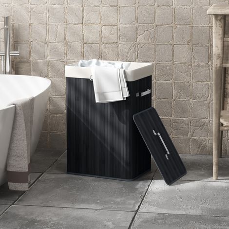 Panier à linge, boîte à linge, panier à linge avec couvercle, sac en toile, bambou, pliable, 72 L, noir, 40 x 30 x 60 cm