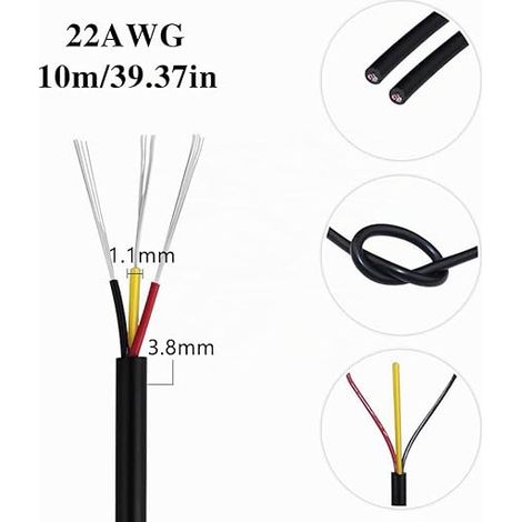 Electric Cable 3 Wires, 22 AWG Black PVC Electric Soft 300V, Outer Diameter 3.8mm, for Small Appliances, LED, DIY, Flexible (1/4)