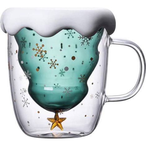 2 Tasses à café, Verre double paroi isolant, Design sapin Noël, 230-280 ml, Pour bureau et maison (1/5)