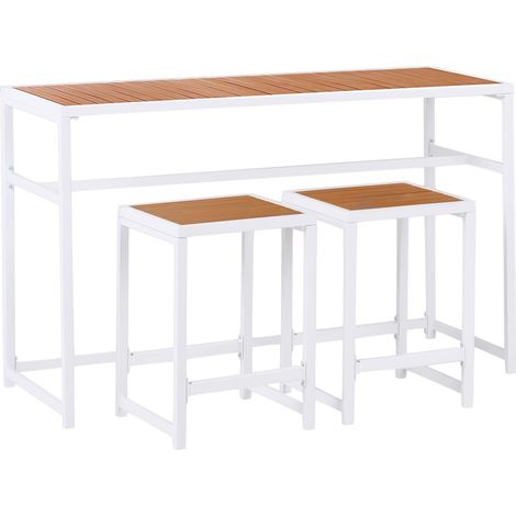 Set da giardino 3 elementi per interni ed esterni, tavolo e 2 sgabelli, acciaio, legno plastico bianco Avetrana