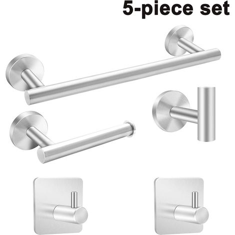 Ensemble d'accessoires de salle de bain 5 pièces en acier inoxydable : barre porte-serviettes allongée, porte-papier toilette et 3 crochets pour peignoir/serviette. (1/4)