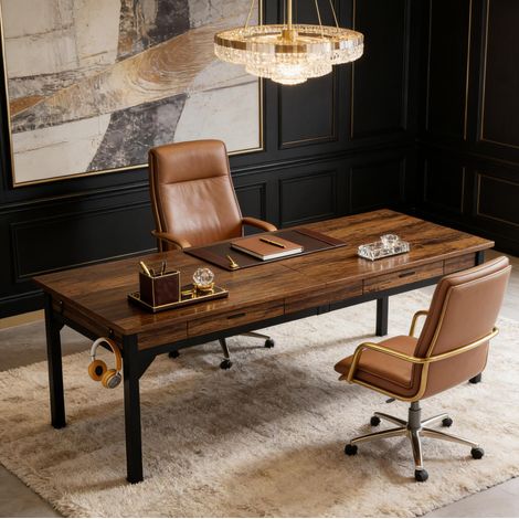 Scrivania doppia 200x60x82 cm, per 2 persone con 2 cassetti e 2 ganci, struttura in metallo e legno, nero marrone rustico (1/5)