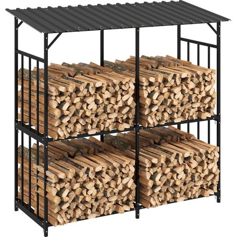 Abri bûches extérieur 2 niveaux avec toit acier galvanisé, structure métal robuste, rangement bois de chauffage 186x75x185 cm (1/5)