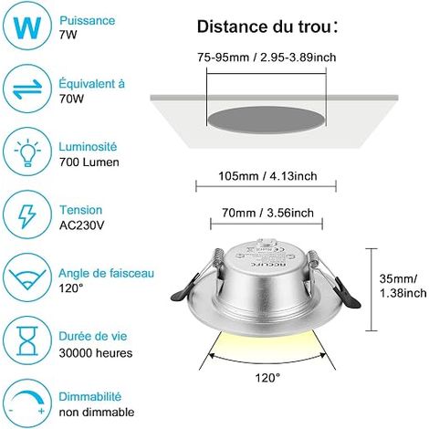 Spot Led Encastrable, Encastré Lampe Plafonnier, 7W 700lumen, Blanc Froid 6000K, Aluminium Rond en Métal, Salle de Bain, Salon (1/4)