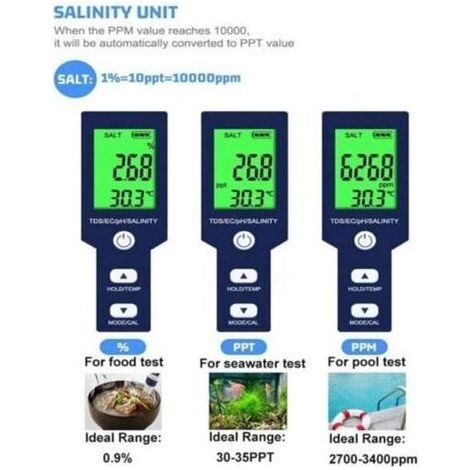 Testeur de salinité de piscine, testeur numérique de salinité d'eau de mer 5 en 1, kit de test d'étanchéité IP67 (1/5)