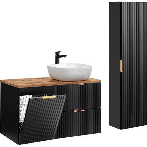 Conjunto mueble lavabo individual 100cm cesto de ropa y columna Adriel Negro y Madera