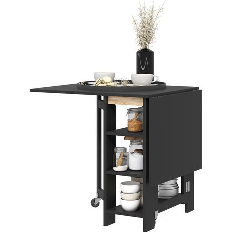 Table cuisine pliable ailes abattantes 2 roues étagères moderne 120x60x75 cm Noir