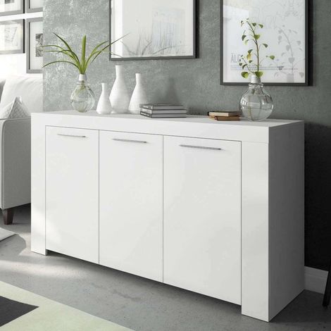 Buffet de salon Bellevue Meuble TV Armoire moderne 3 portes, 144x42x80 cm, Blanc (1/5)