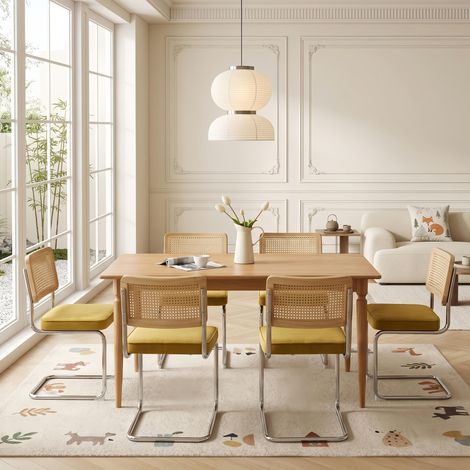 Lot de 6 Chaises Moyen Siècle – Velours et Cannage Doré – Dossier en rotin naturel, piètement chromé, pour salle à manger - Doré