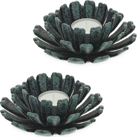 Relaxdays Tealight Holder, Set of 2, Flower Shape, Candle Stand, Cast Iron, Indoors & Outdoors, HxØ 6 x 13.5 cm, Green
