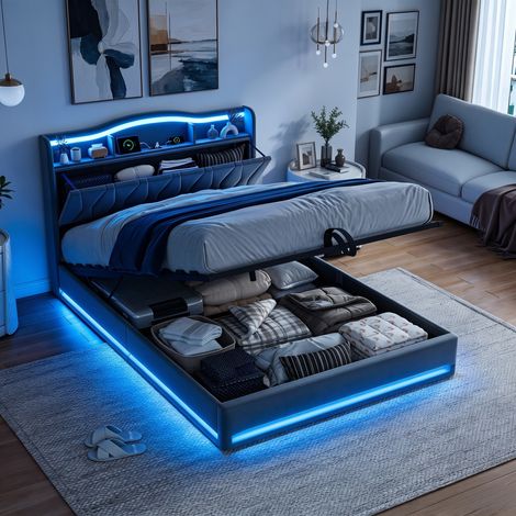 JOOKGBD-Polsterbett 160x200cm,Doppelbett mit hydraulischem Bettkasten,LED-Kopfteil mit USB-Ladestation und Staufach,Lattenrost inklusive,für Jugendliche und Erwachsene,Samt,grau (1/5)