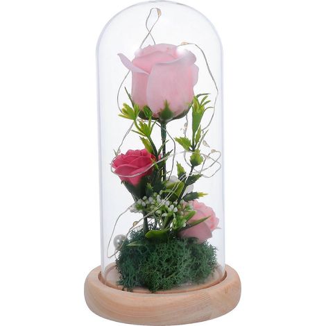 Bouquet de roses artificielles romantiques avec lumière d'ambiance nocturne et couvercle en verre rose (1 pièce) (1/5)