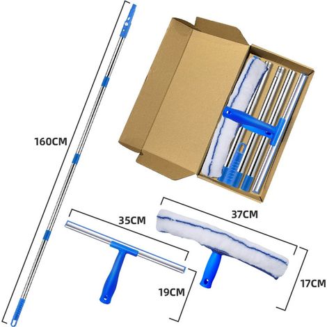 Lavavetri da 1,6 m con manico lungo, tergivetro da 35 cm e 37 cm inclusi, kit di pulizia professionale per finestre, docce e porte in vetro.