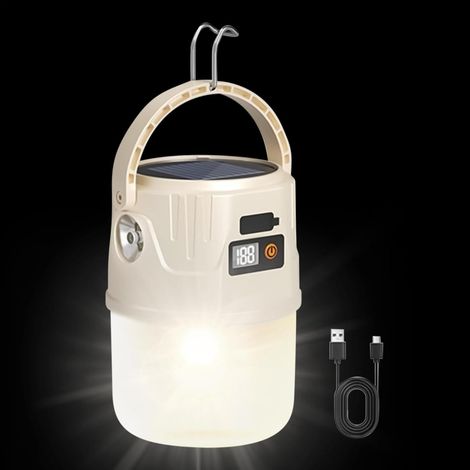 Lampe de camping, lampe solaire portable à 2 modes, 11 x 7,5 x 7,5 cm, légère et compacte, lanterne LED étanche avec crochet, équipement de survie pour tente, randonnée, pêche, intérieur et extérieur. (1/5)