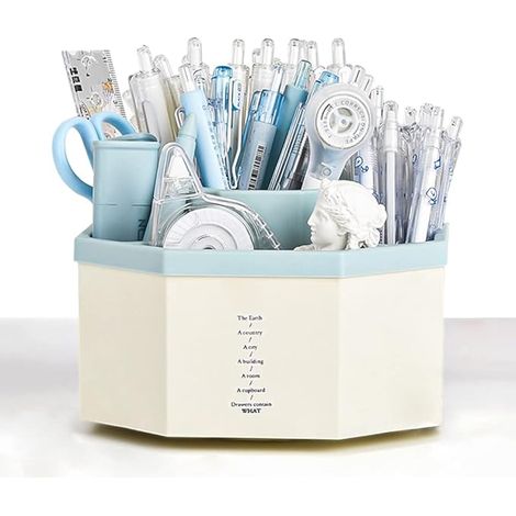 Schreibtisch-Organizer, um 360 Grad drehbar, multifunktionaler Stifthalter, 5 Fächer, Schreibtisch-Organizer, Heimbüro, Kunstbedarf, Aufbewahrungsbox (weiß + blau)