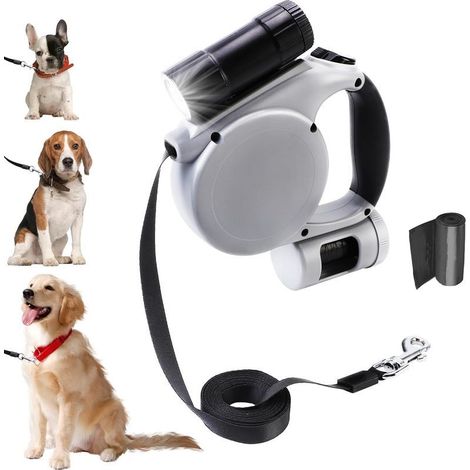 Laisse enroulable avec lampe de poche intégrée, laisse pour chien légère avec sangle en nylon de 5 m d'épaisseur, frein à une main, possibilité de pause et de verrouillage, pour chien/chat de petite à (1/5)