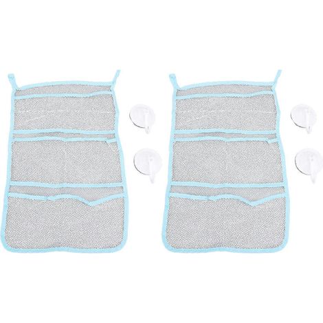 Lot de 2 sacs de rangement en filet pour articles de toilette de salle de bain, avec plusieurs poches et ventouse. (1/5)
