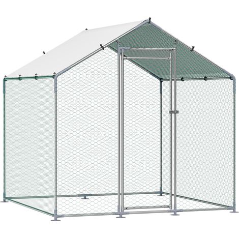 Mophorn Enclos métallique pour poulailler 2x2x2 m avec toit incliné, idéal pour poules, canards, lapins et autres volailles. Convient pour jardin ou ferme, équipé d'une bâche et d'un verrou sécurisé. (1/5)